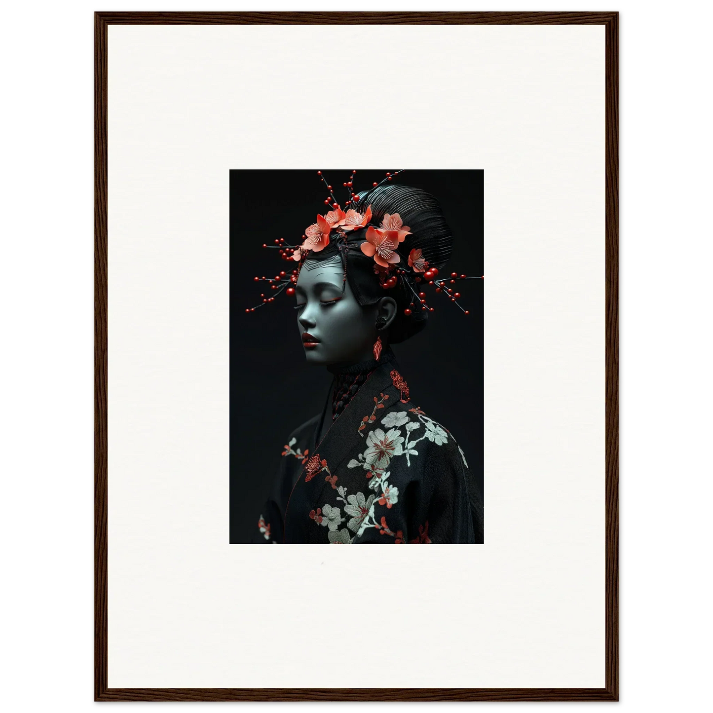 Framed canvas print of a person in vibrant red and white flowers, perfect for midnight reverie room decoration