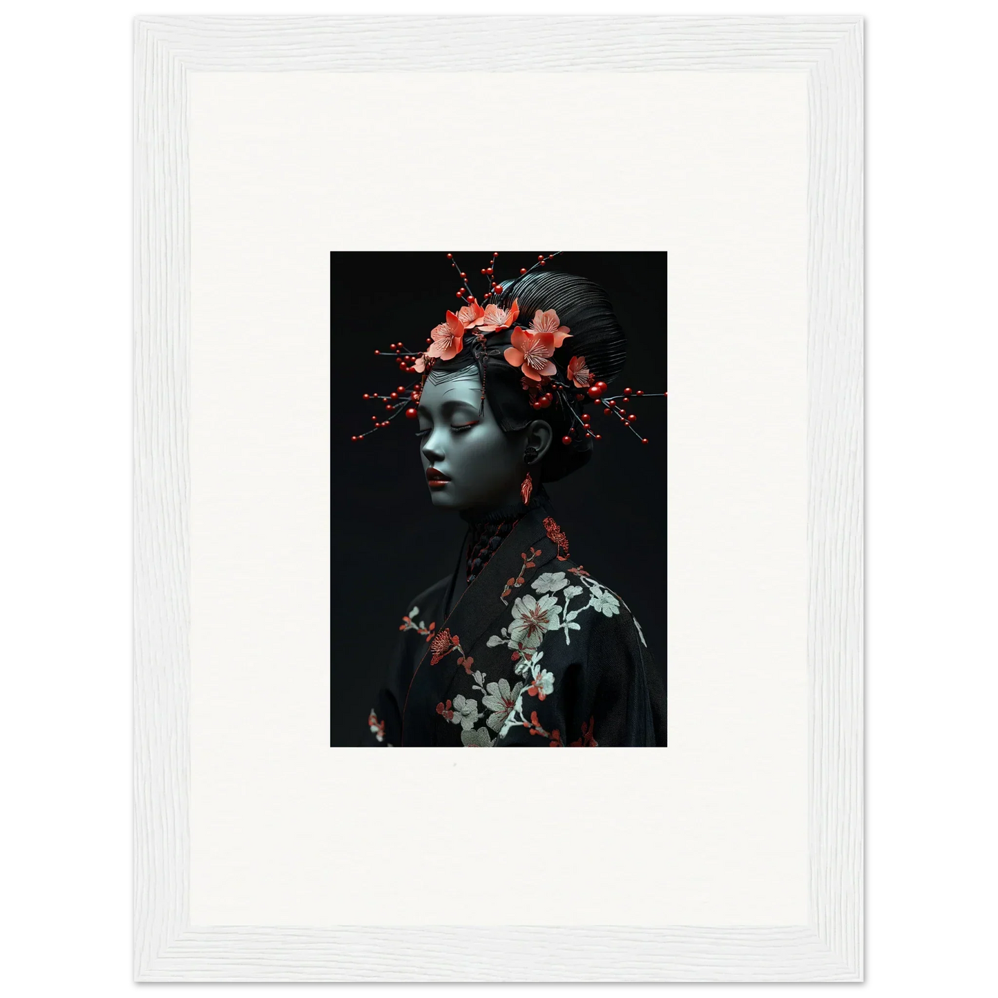 Framed canvas print of a figure with floral elements in Midnight Reverie style