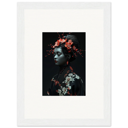 Framed canvas print of a figure with floral elements in Midnight Reverie style