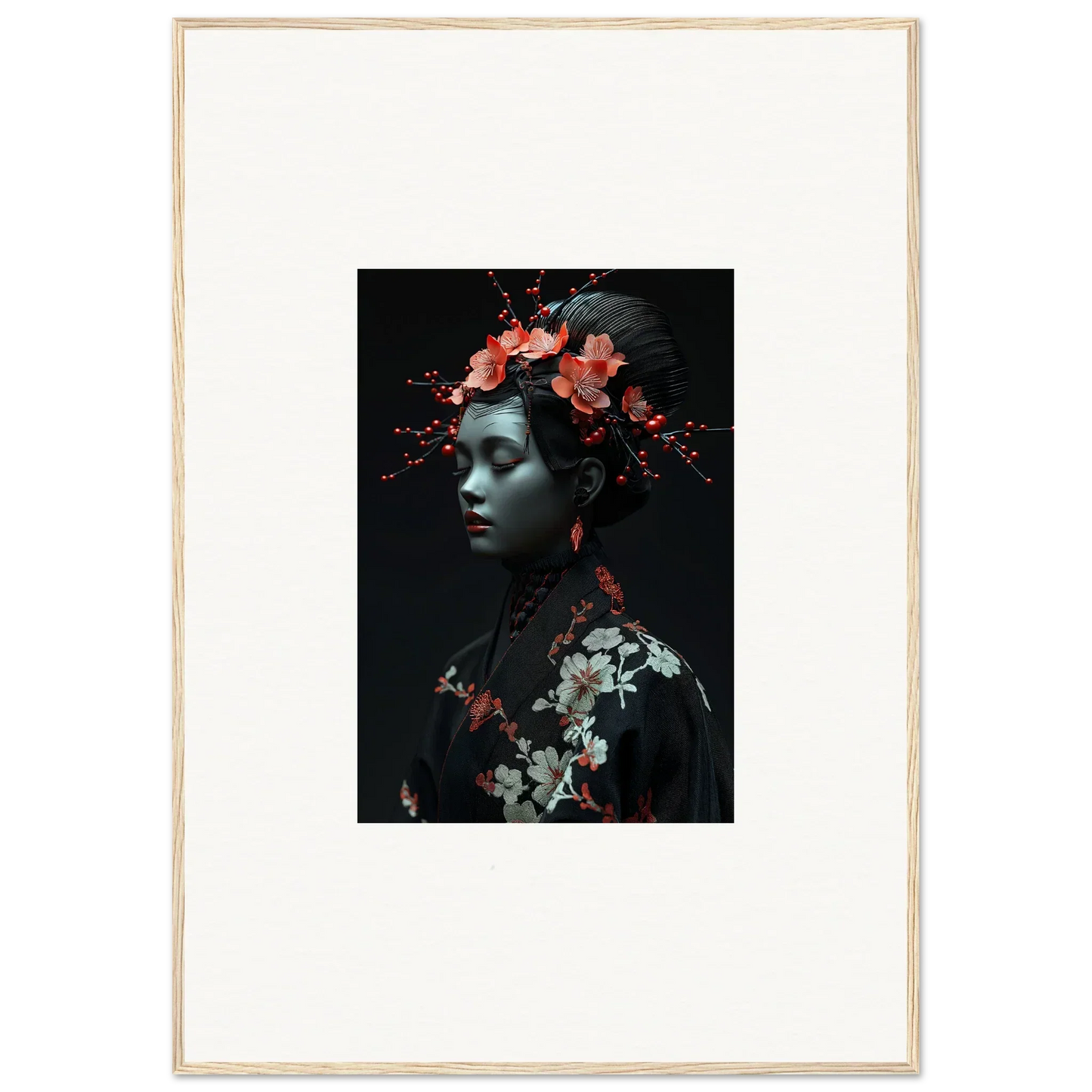 Framed canvas print featuring a person with floral elements in a midnight reverie setting