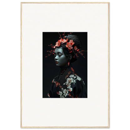 Framed canvas print featuring a person with floral elements in a midnight reverie setting