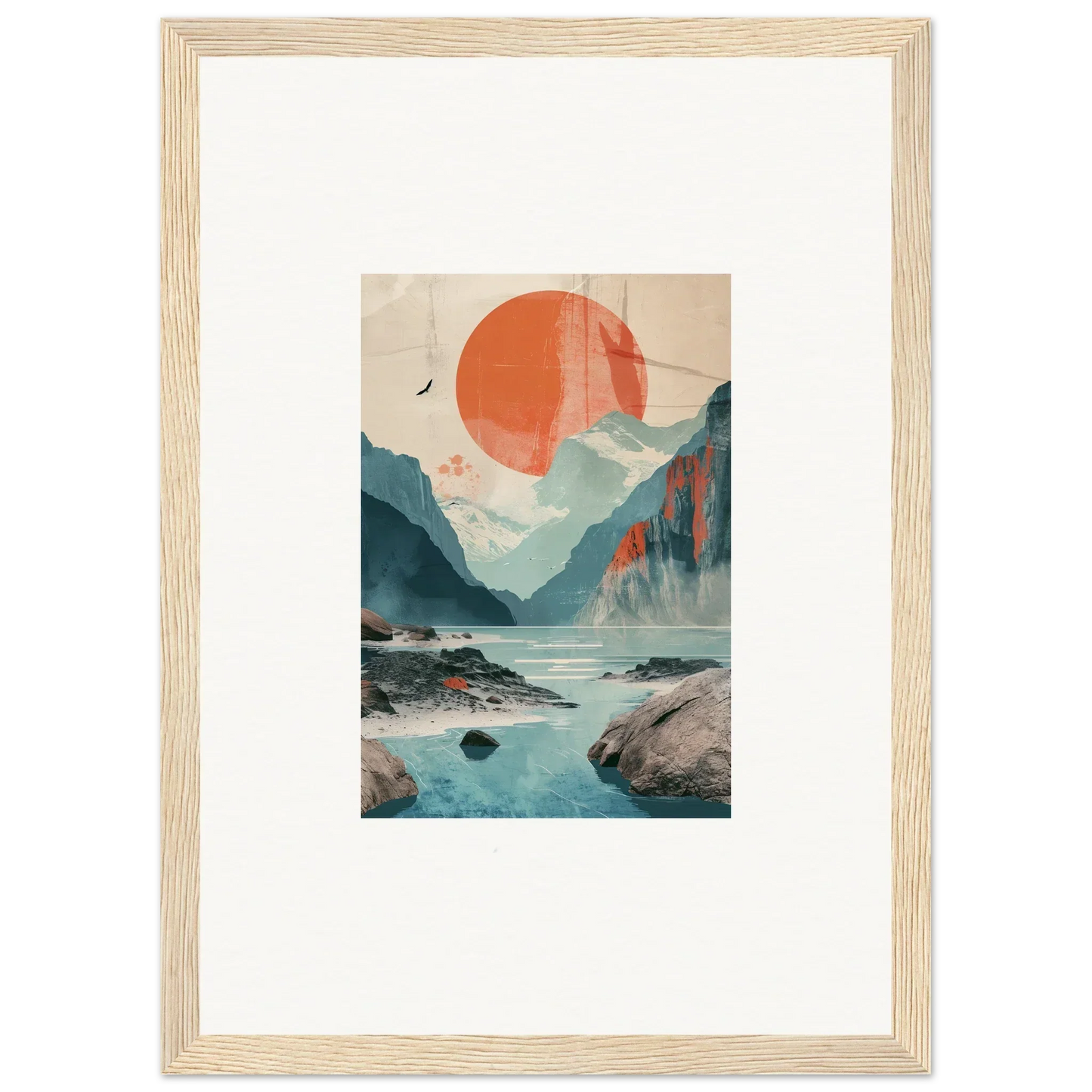 Framed wall art of a mountainous landscape with sun echoes in vibrant colors