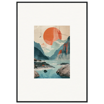 Framed wall art of a stylized mountainous landscape with sun echoes and an orange sun