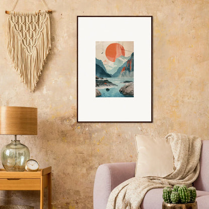 Framed wall art of mountains and water with a red sun for room decor, Sun Echoes