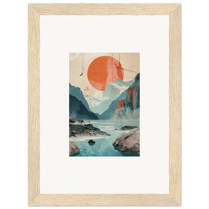 Framed wall art of a mountainous landscape with sun echoes and water for room decor