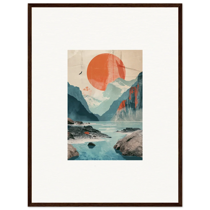 Framed wall art of a sun echoing over a tranquil mountainous landscape for room decor