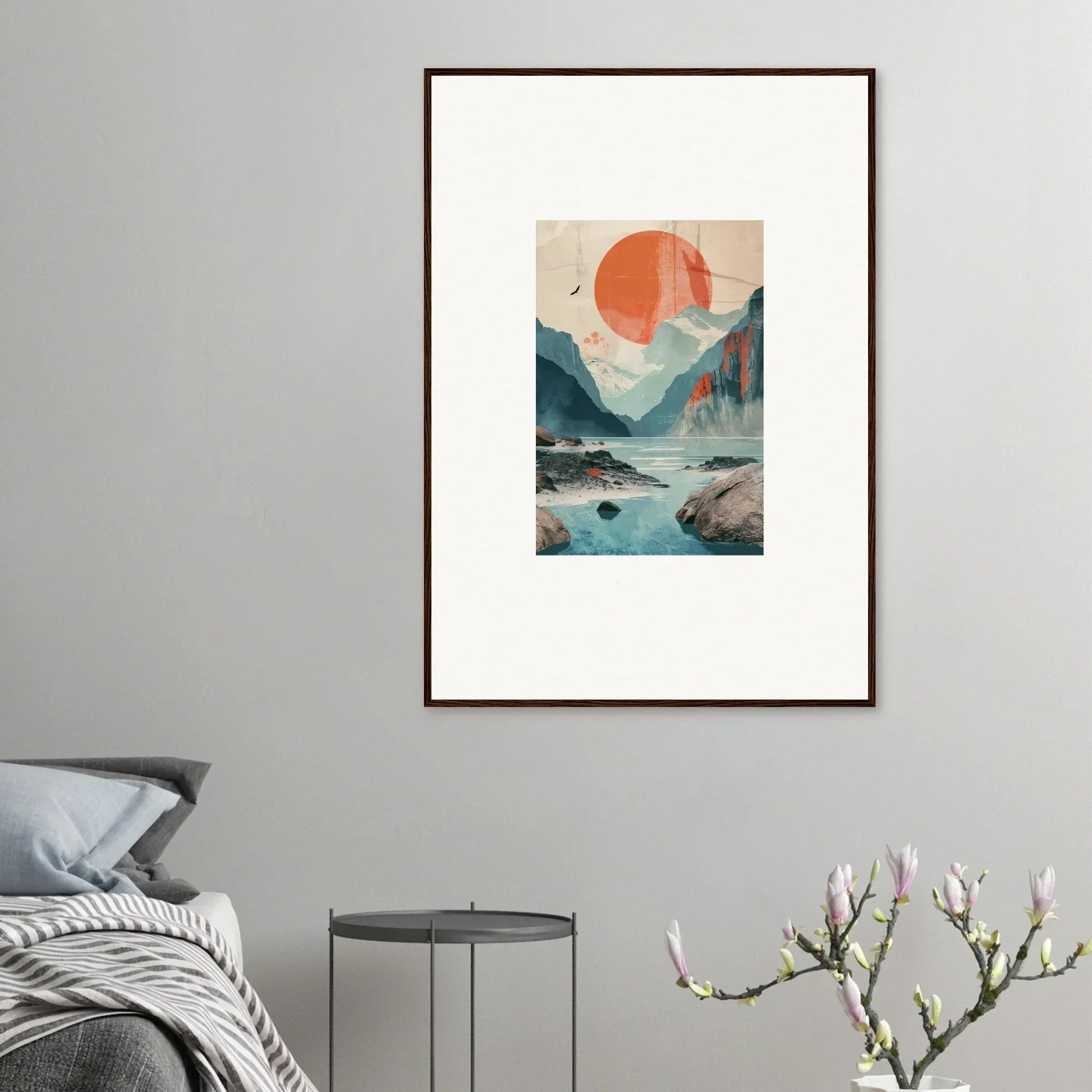 Framed abstract landscape painting with mountains, water, and sun echoes for room decor