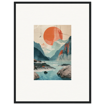 Framed wall art of sun echoes over a tranquil mountainous landscape and water