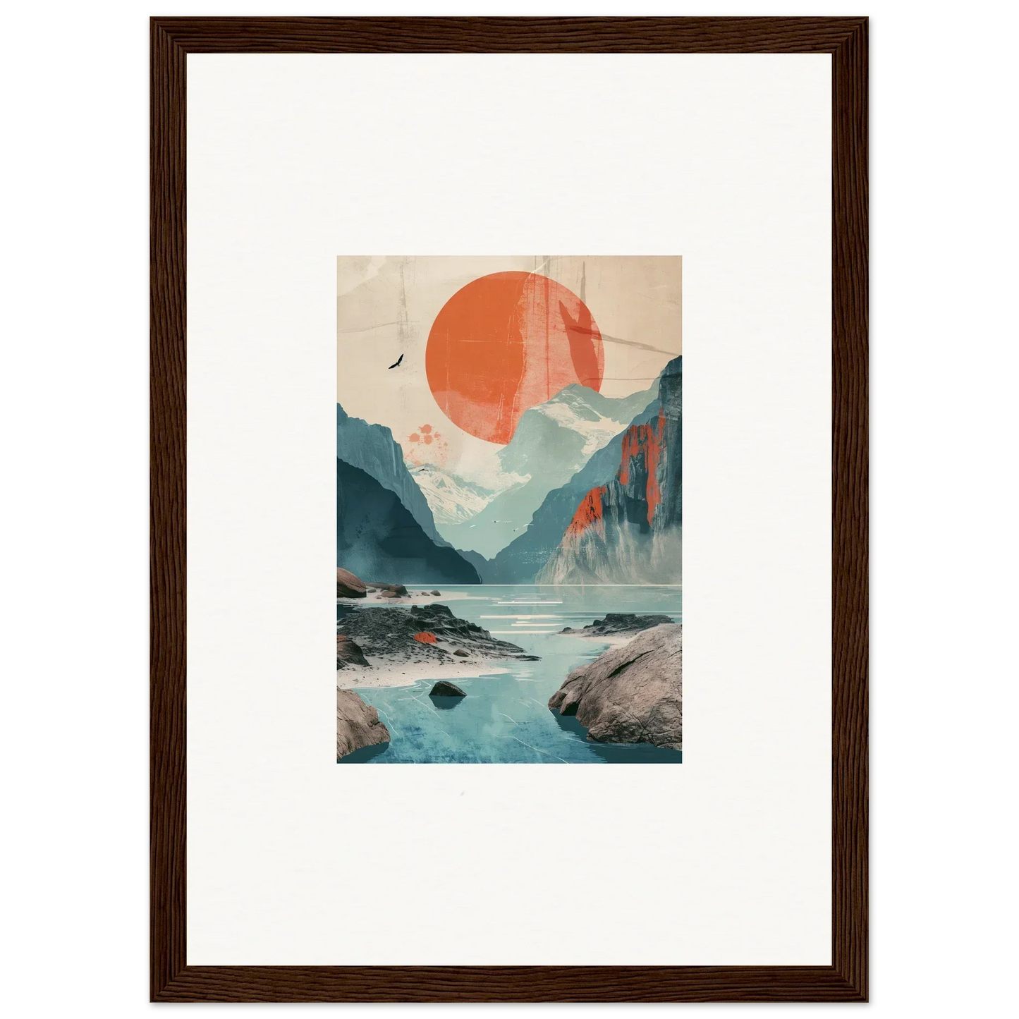 Framed wall art of a stylized mountain scene with sun echoes and a large orange sun