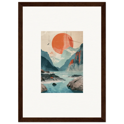 Framed wall art of a stylized mountain scene with sun echoes and a large orange sun