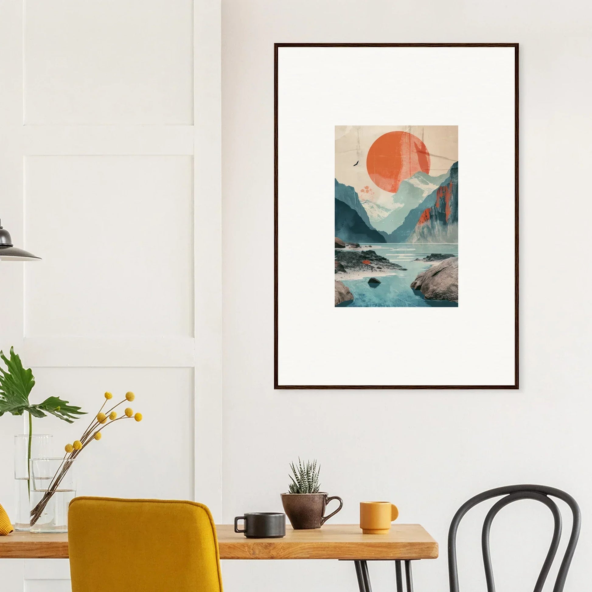 Framed wall art of stylized mountains and sun echoes for elegant room decor