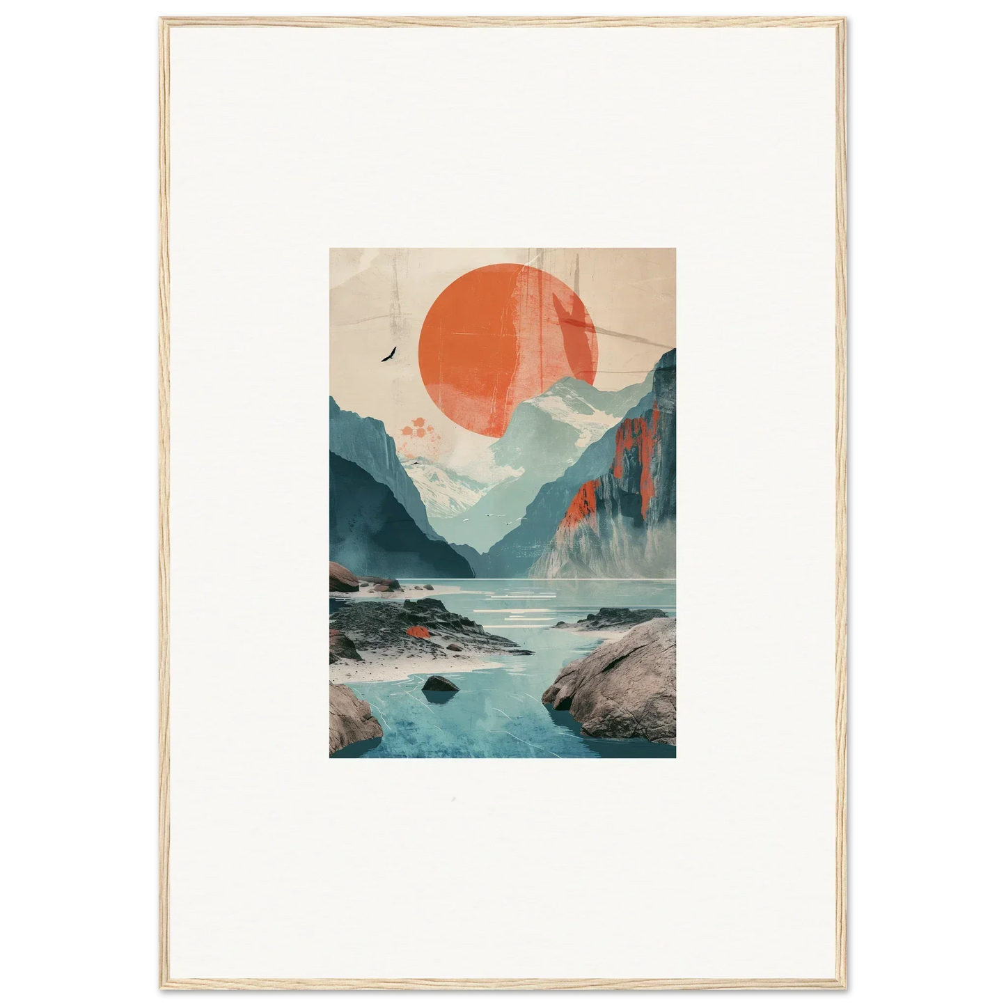 Framed wall art of sun echoes over a stylized mountainous landscape with a river