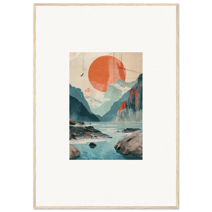 Framed wall art of sun echoes over a stylized mountainous landscape with a river