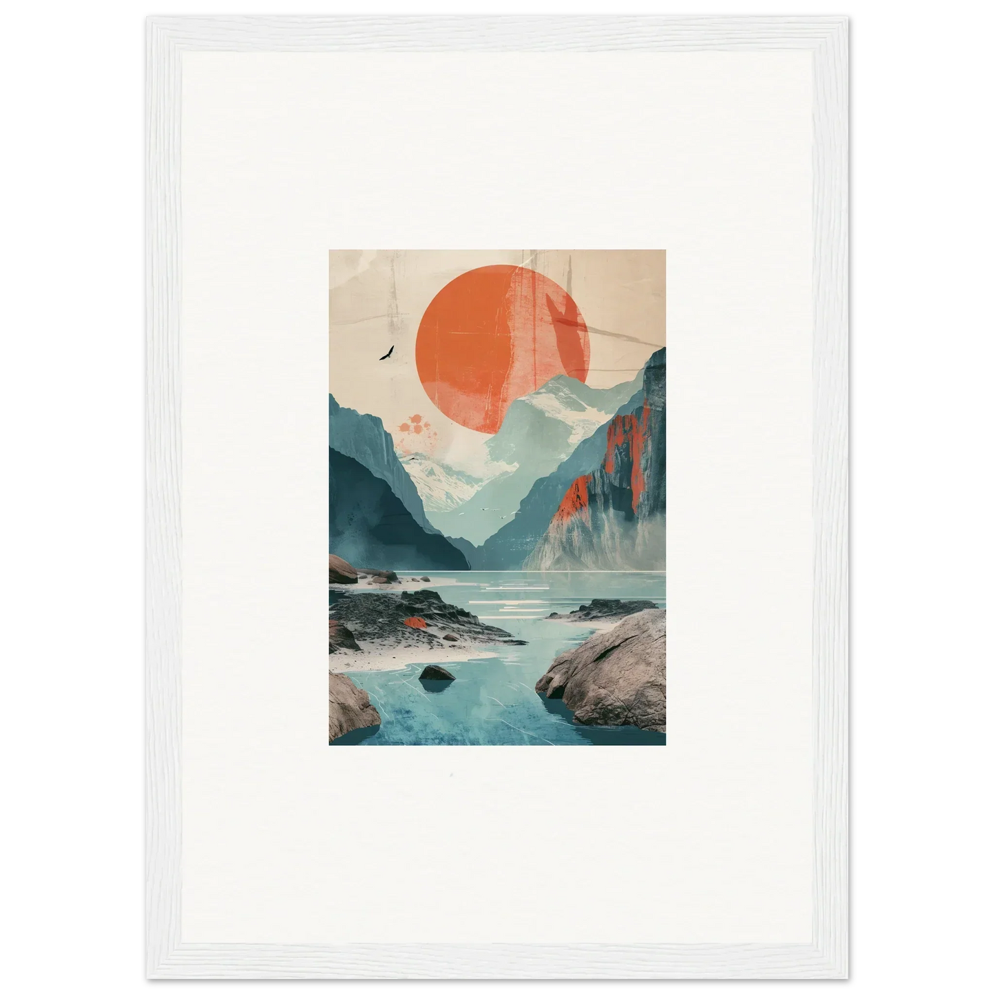 Framed wall art of a mountainous landscape with sun echoes and vibrant orange sun