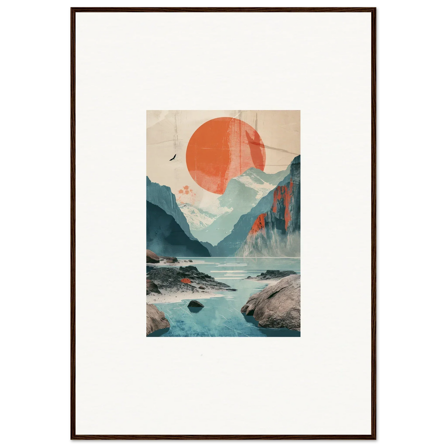 Framed wall art of a mountainous landscape with sun echoes enhances room decor