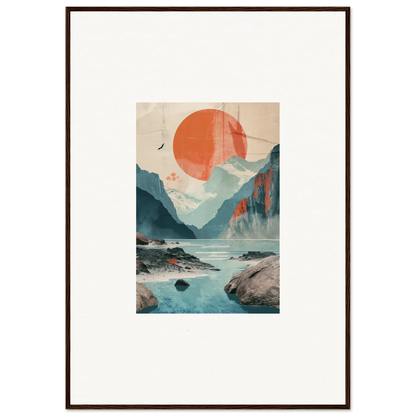 Framed wall art of a mountainous landscape with sun echoes enhances room decor