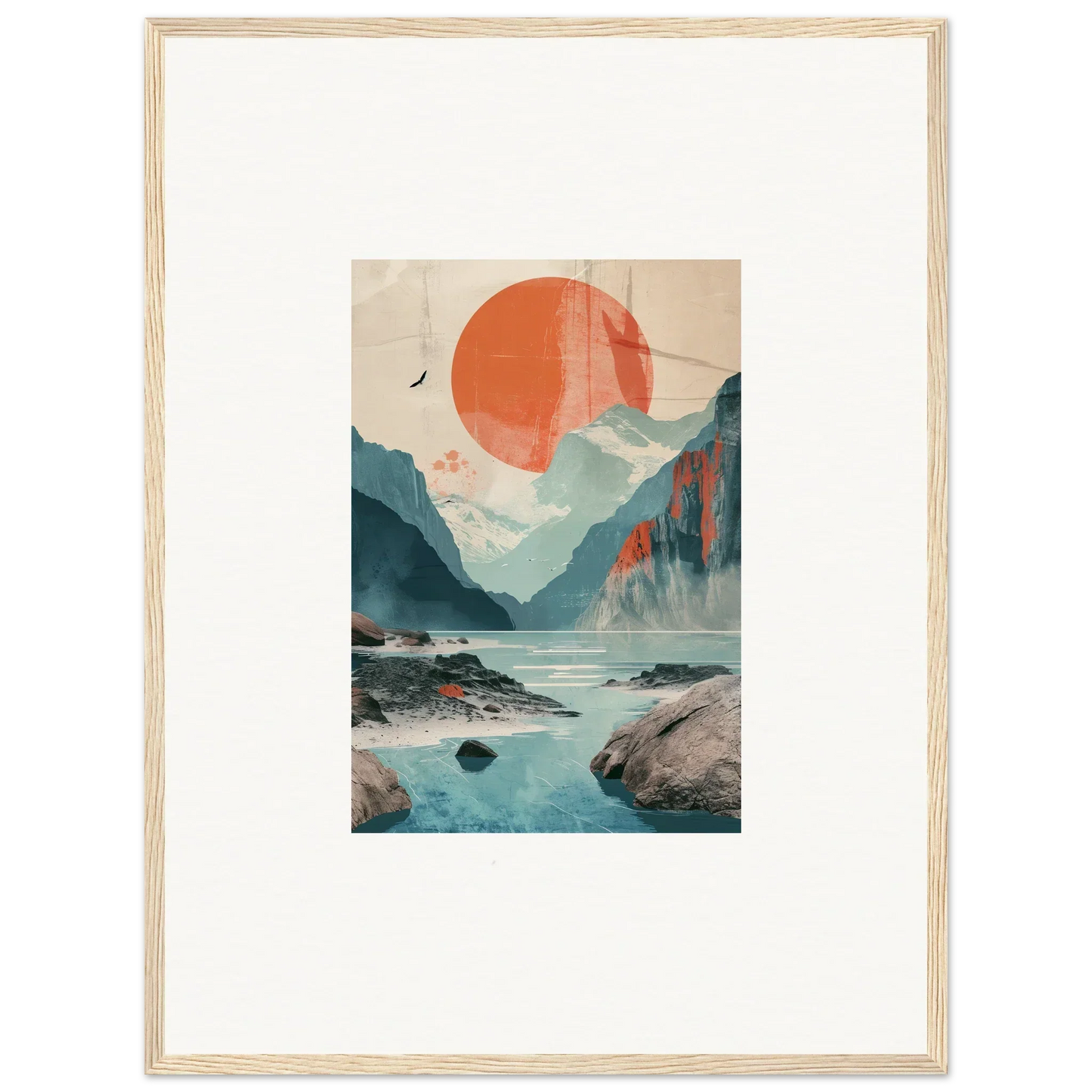 Framed wall art of a mountainous landscape with sun echoes and calm waters in room decor