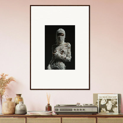 Framed black and white photograph of a bandaged figure for Dreams Undrifted room decor