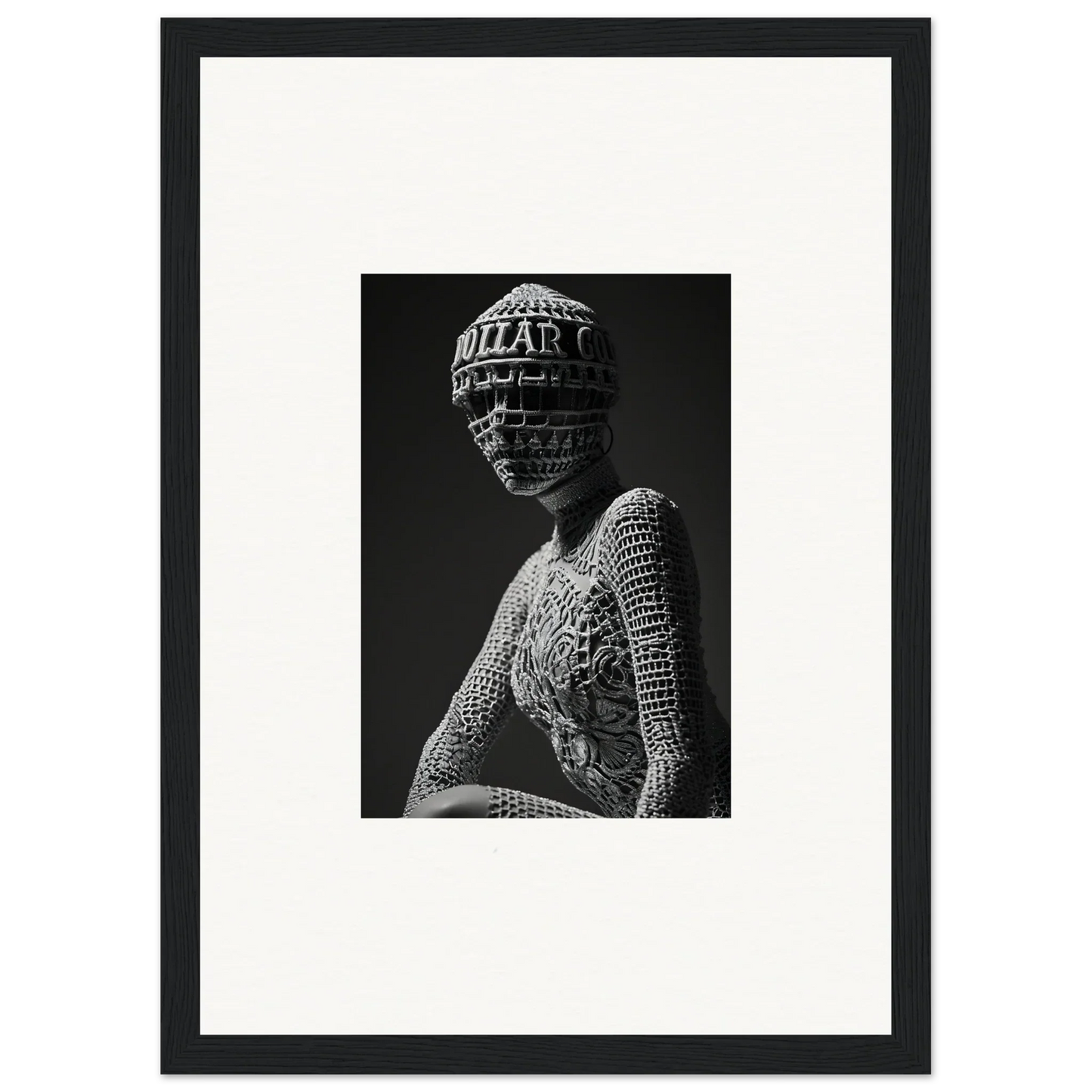 Black and white photo of a figure in intricate text, ideal for mortality masks room decor