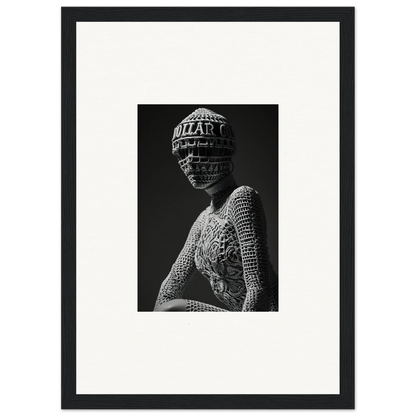 Black and white photo of a figure in intricate text, ideal for mortality masks room decor