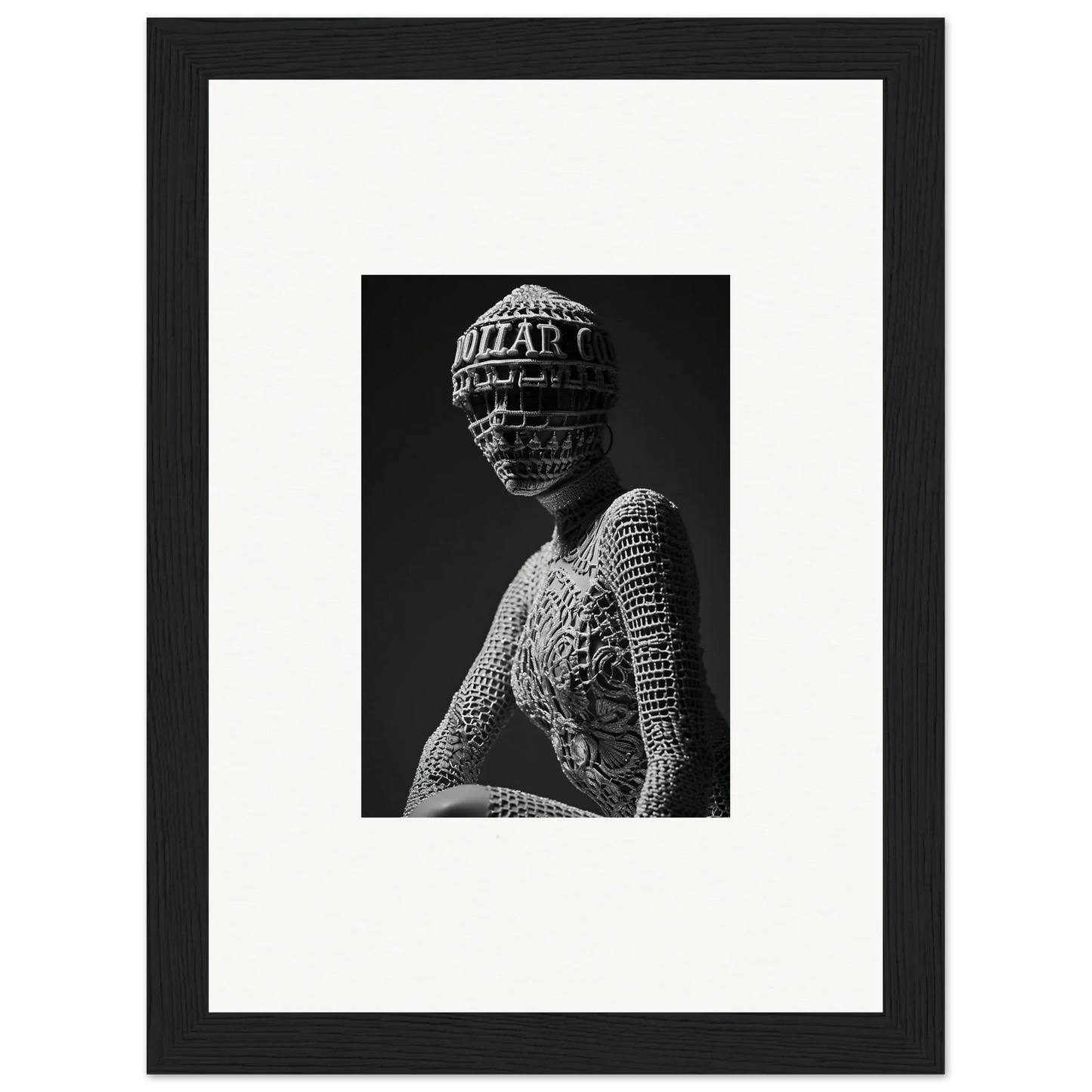 Black and white photo of a person in textured headpiece, ideal for room decor or framed wall art