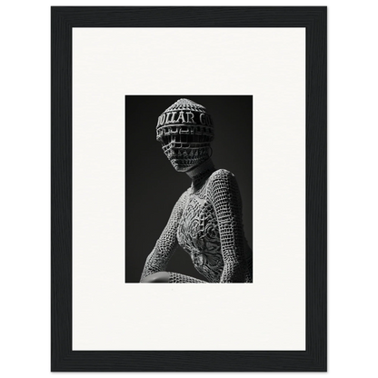 Black and white photo of a person in textured headpiece, ideal for room decor or framed wall art