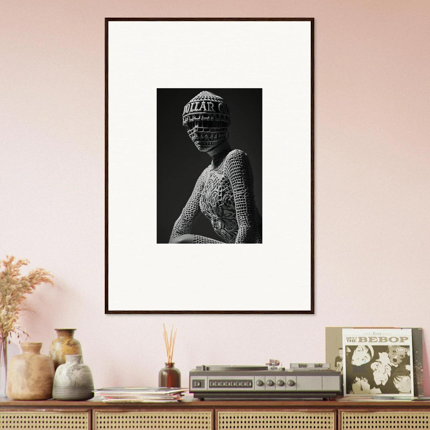 Framed black and white photograph of a sculptural bust with ornate headdress for room decor