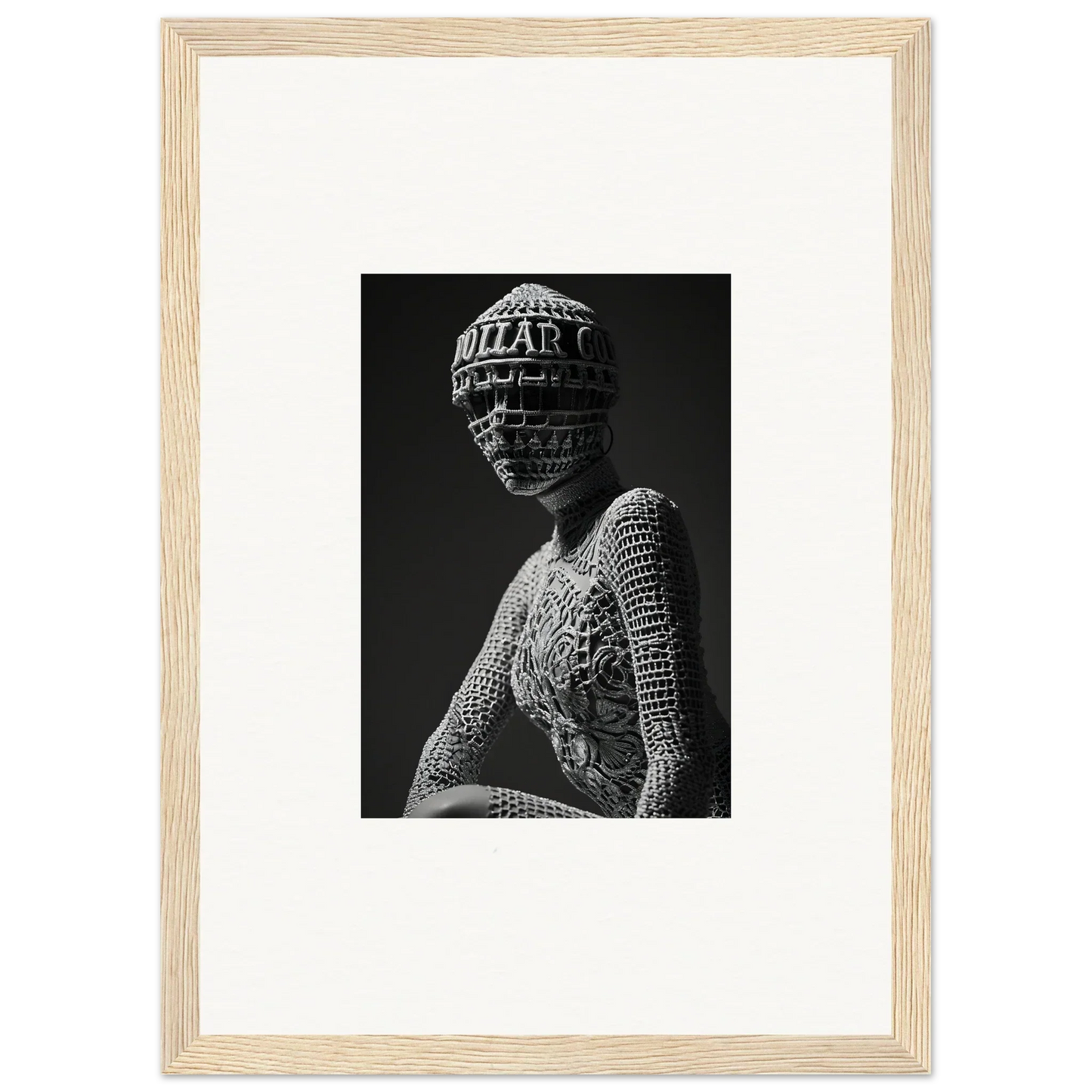 Black and white photograph of a figure in ornate headdress for stylish room decor