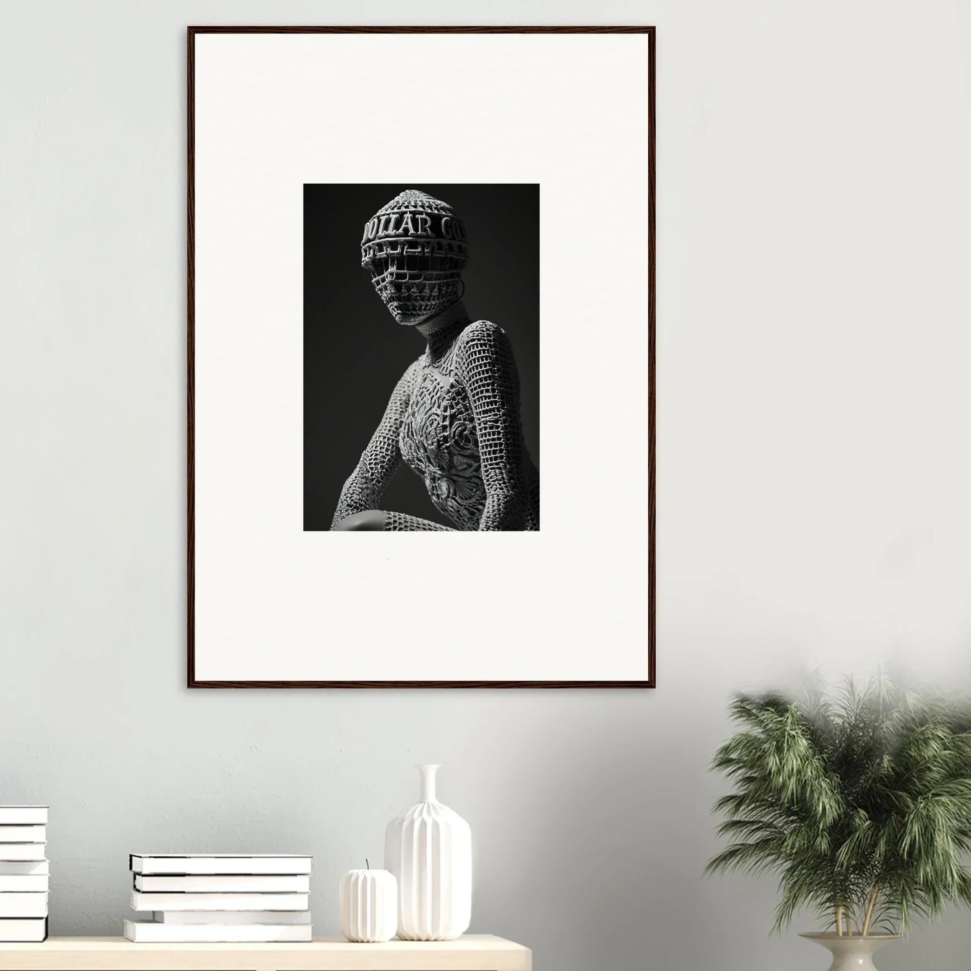 Framed black and white photograph of sculptural bust for stylish room decor and mortality masks