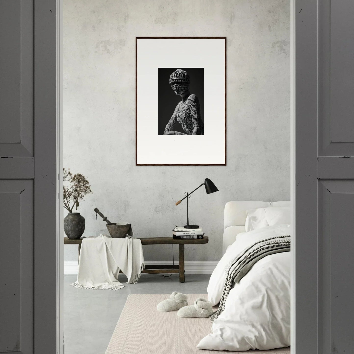 Framed black and white portrait as unique room decor featuring mortality masks