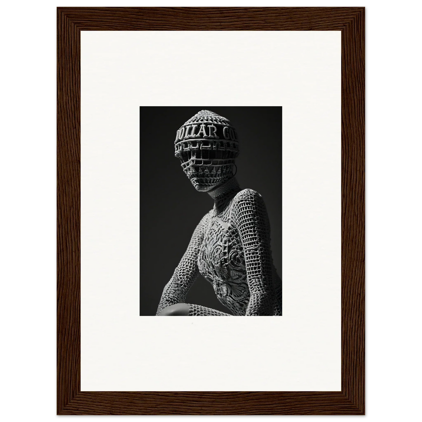 Framed black and white photograph of a sculptural bust for unique room decor