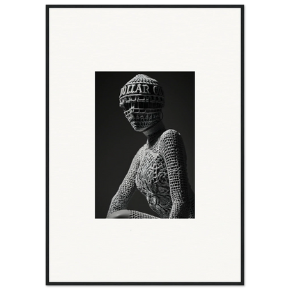 Black and white photo of person in ornate headdress, ideal for mortality masks wall art