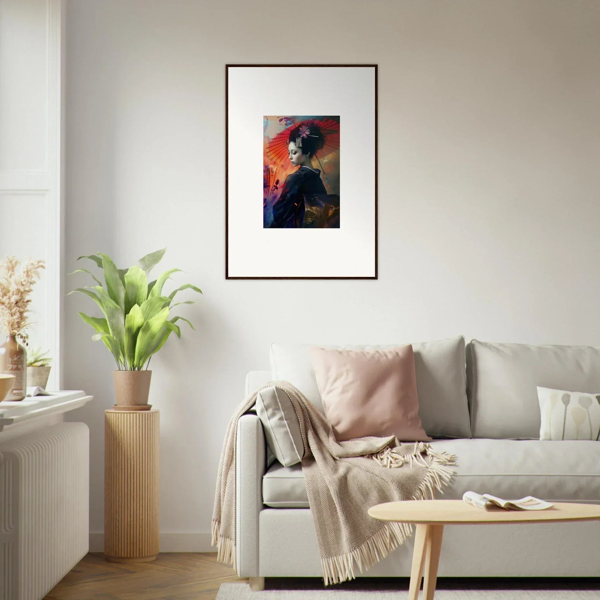 Framed portrait painting of a woman in vibrant colors for Lotus Symphony room decoration