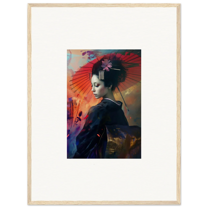 Framed canvas print of a woman in geisha attire, perfect for Lotus Symphony room decoration