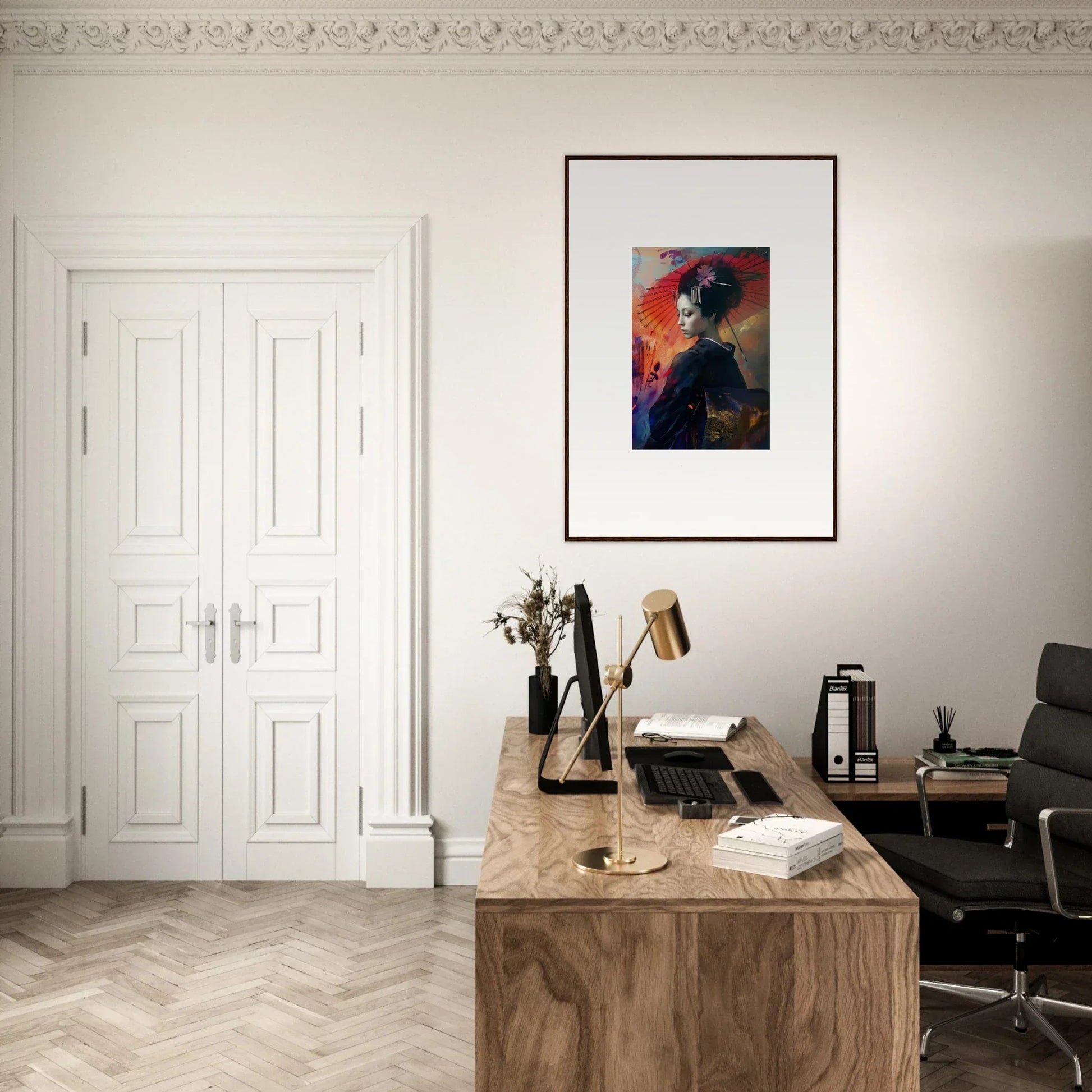 Elegant home office featuring a wooden desk, Lotus Symphony canvas print, and white doors