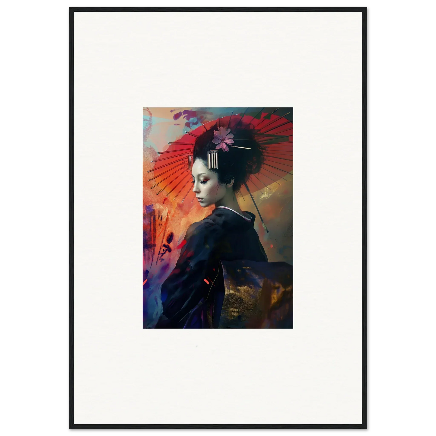 Framed canvas print of a geisha in vibrant colors for cool room decoration