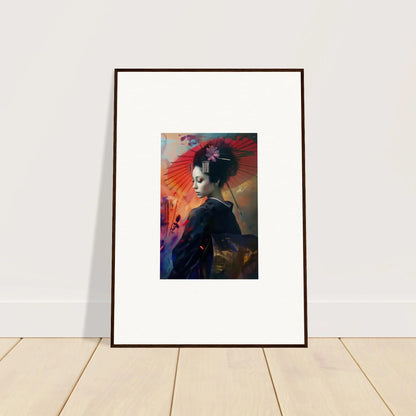 Framed canvas print of a geisha with a red parasol for trendy room decoration