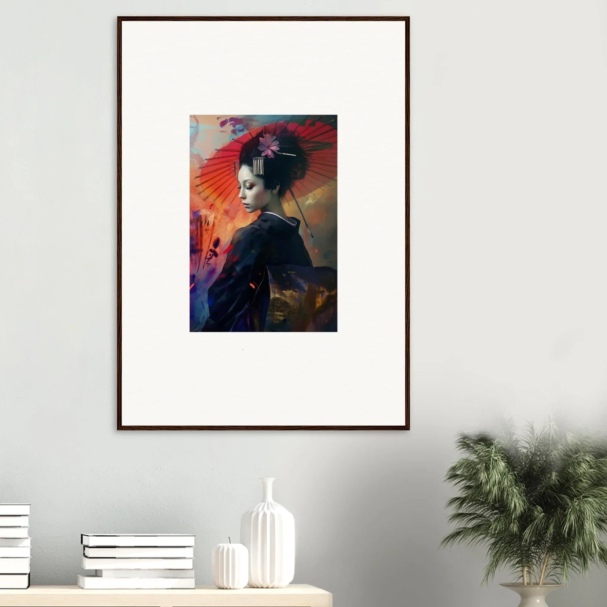 Framed canvas print of a geisha with a red parasol for vibrant room decoration