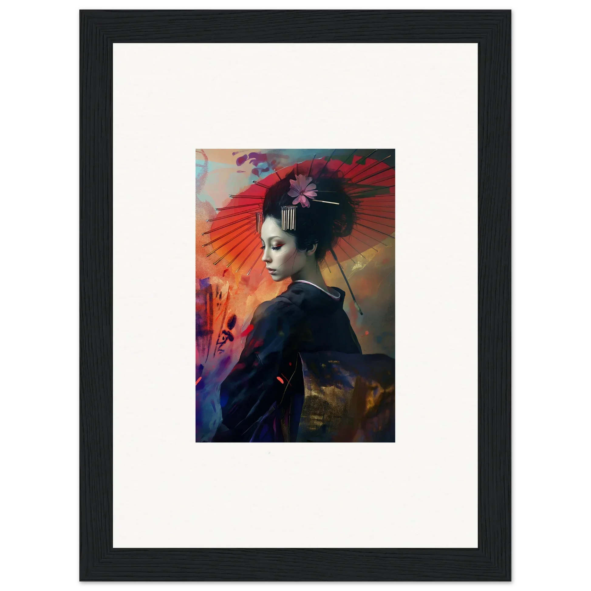 Vibrant canvas print of a geisha for chic room decoration in Lotus Symphony style