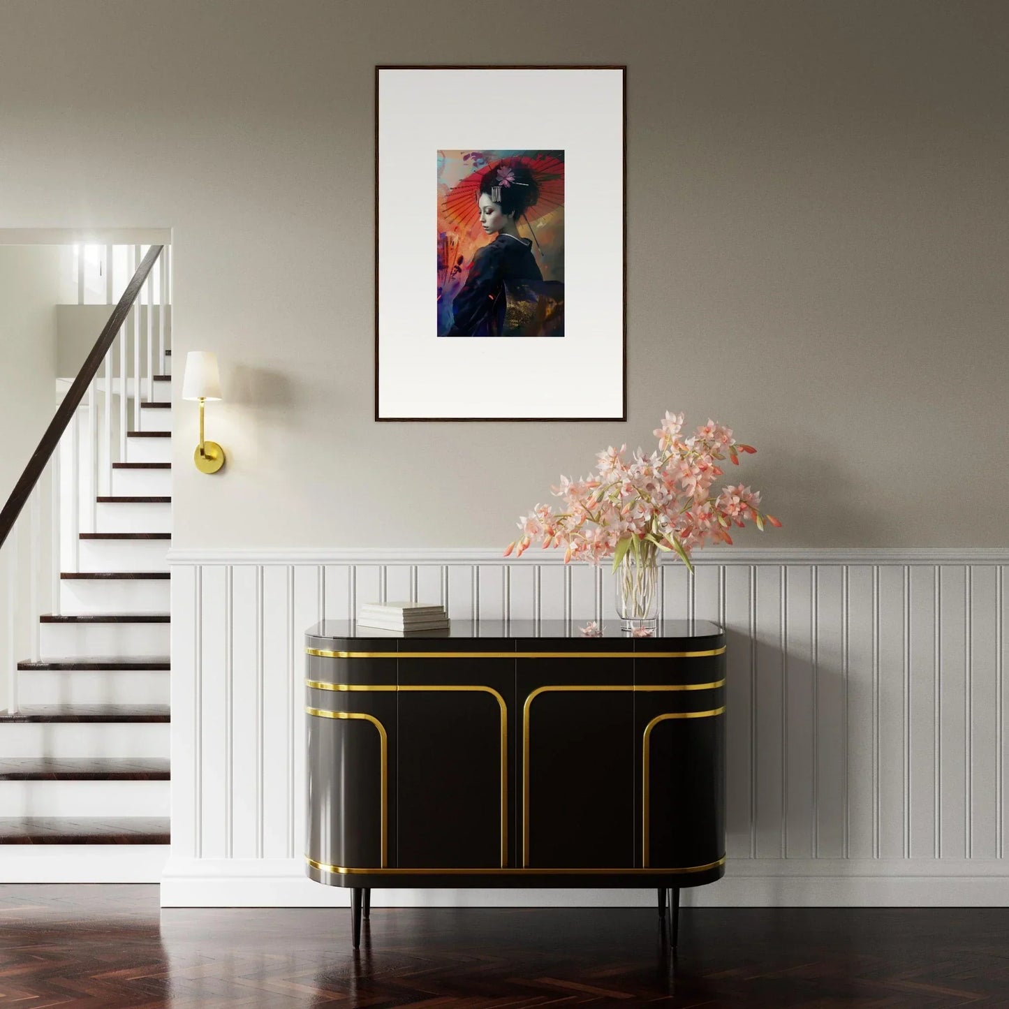 Elegant black sideboard with gold trim for stylish room decoration in Lotus Symphony