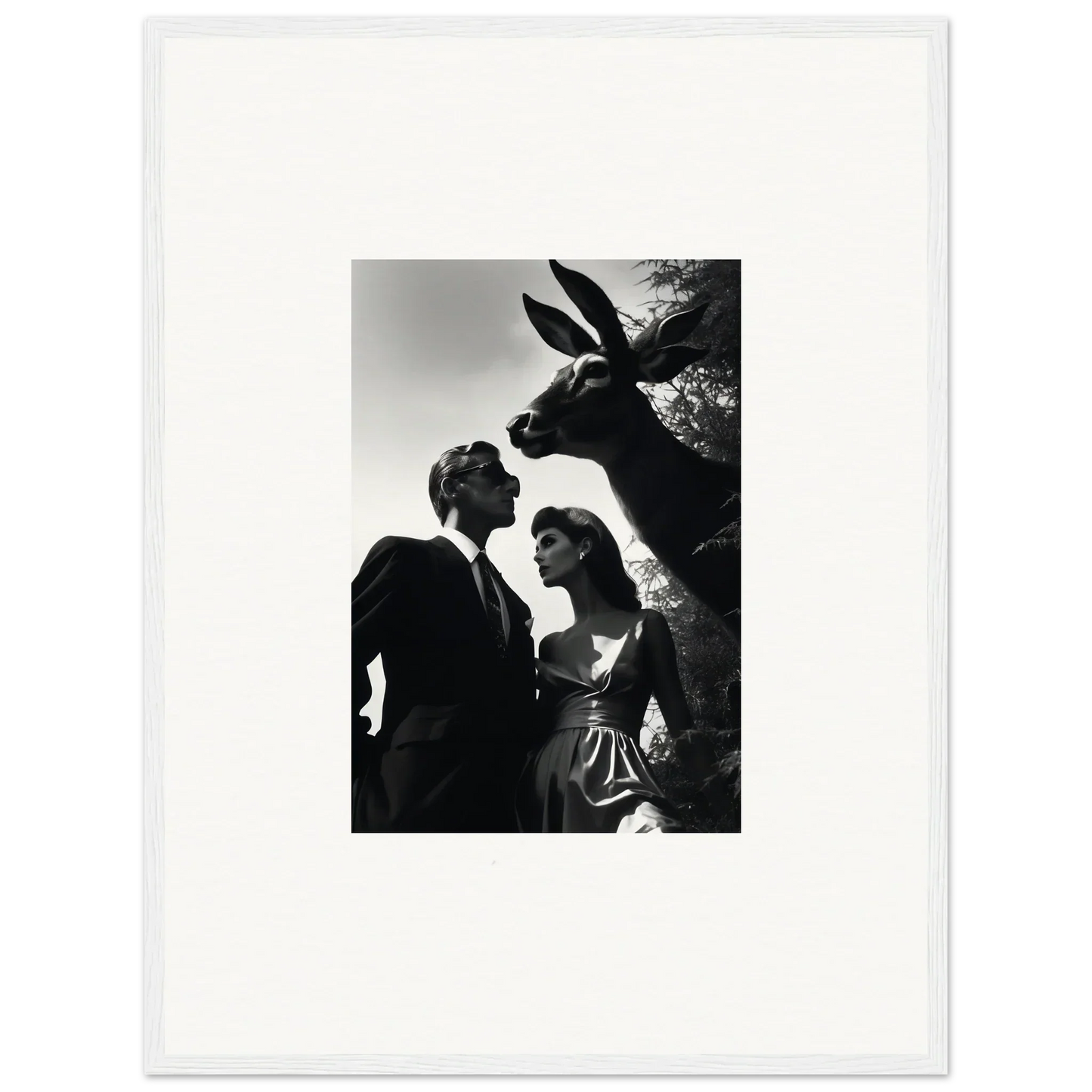 Black and white photograph of a couple with a donkey’s head looming above them.