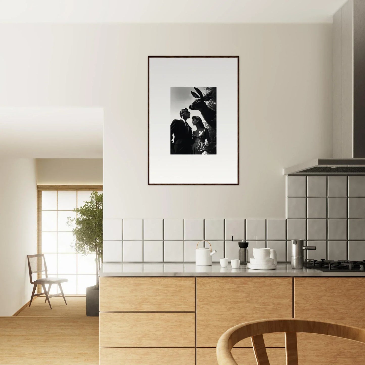 Framed black and white photograph hanging on a wall above a kitchen counter.