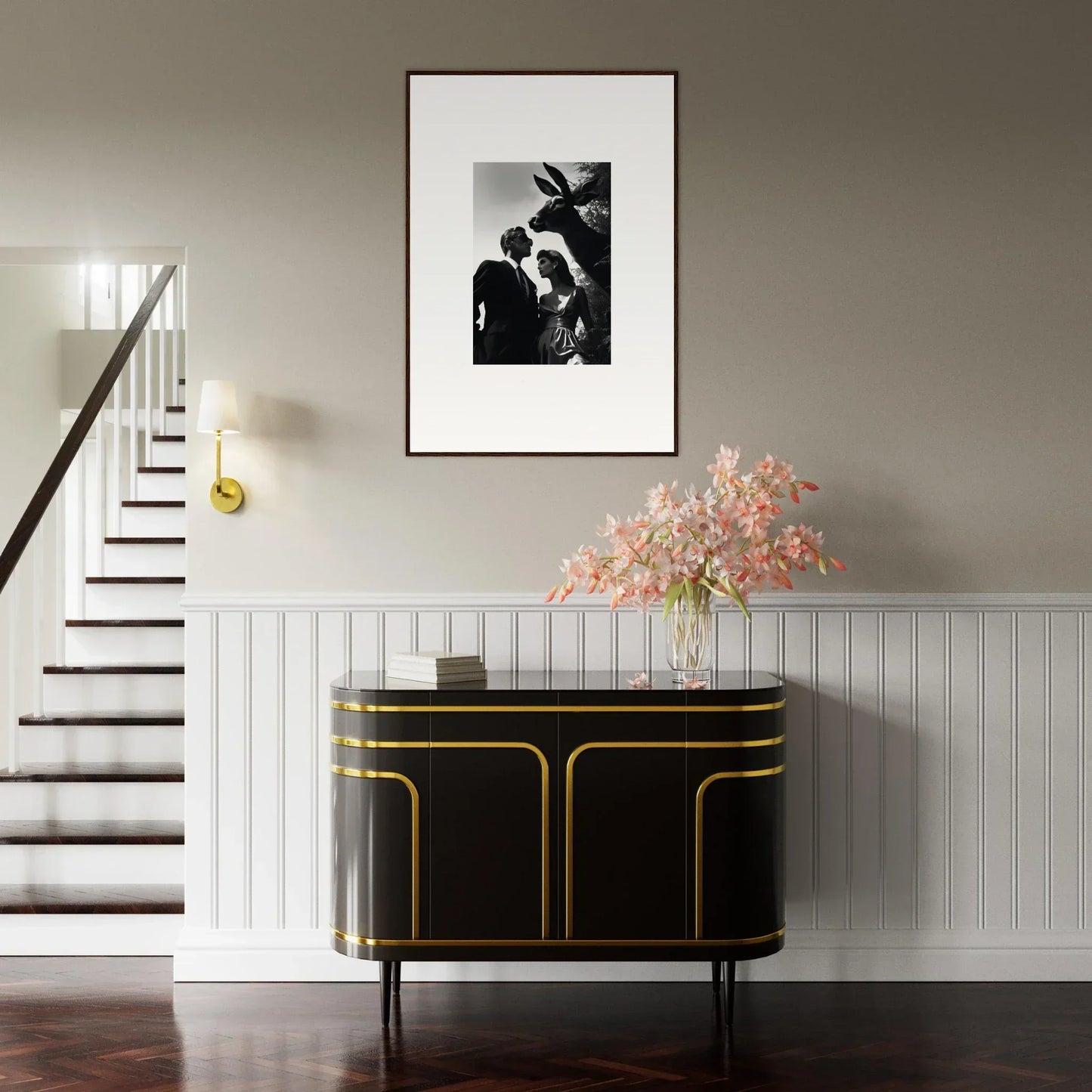 Elegant black and gold console table with curved edges and sleek design.