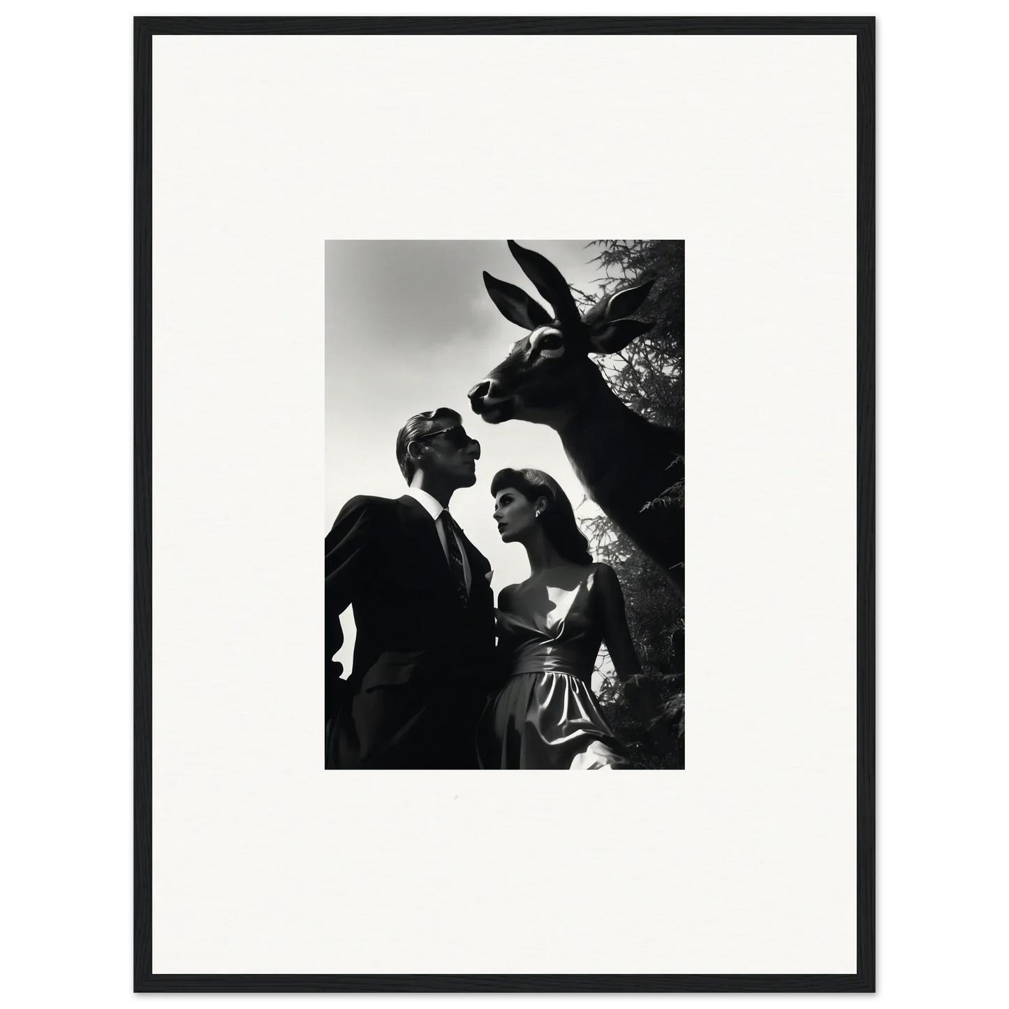 Black and white photograph of a couple with a donkey’s head visible above them.