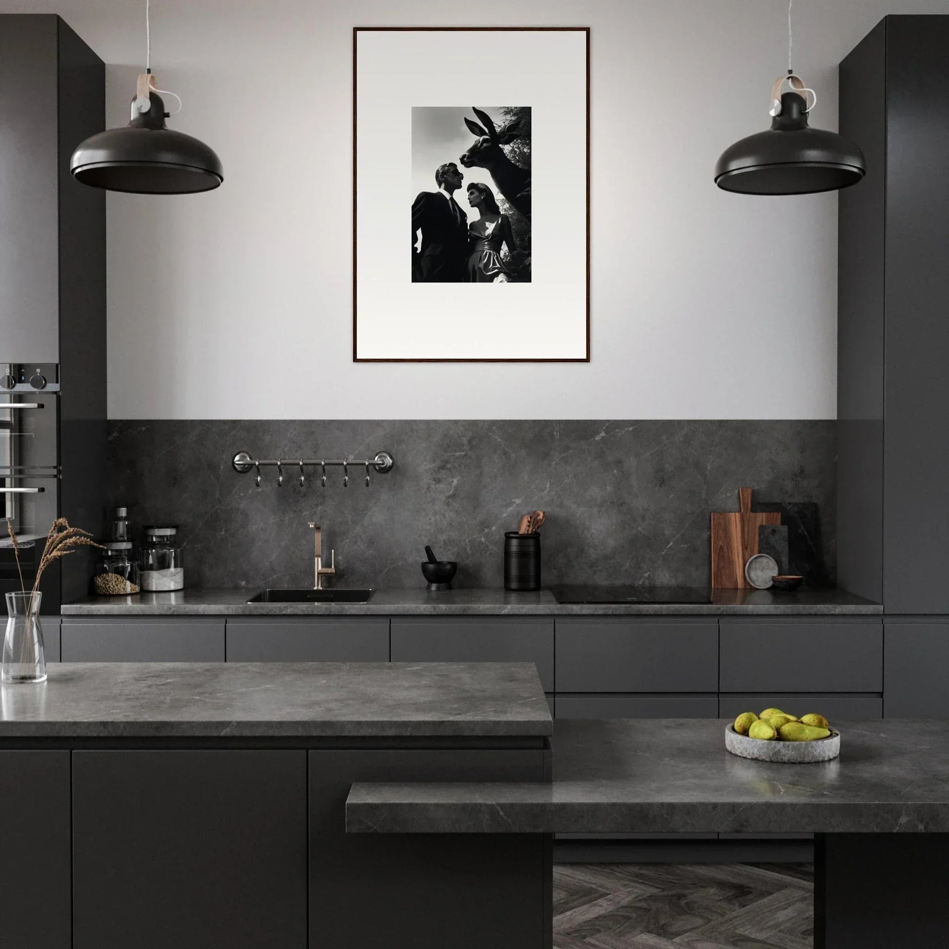 Modern kitchen with dark cabinetry, concrete countertops, and industrial-style pendant lights.