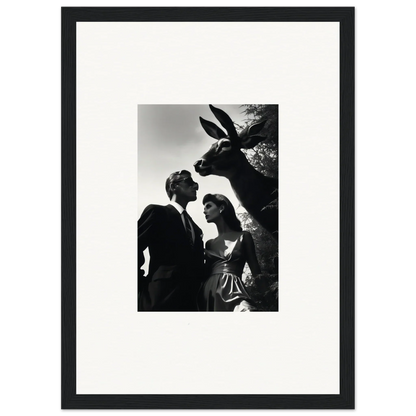 Black and white photograph of a couple with a giraffe peering over them.