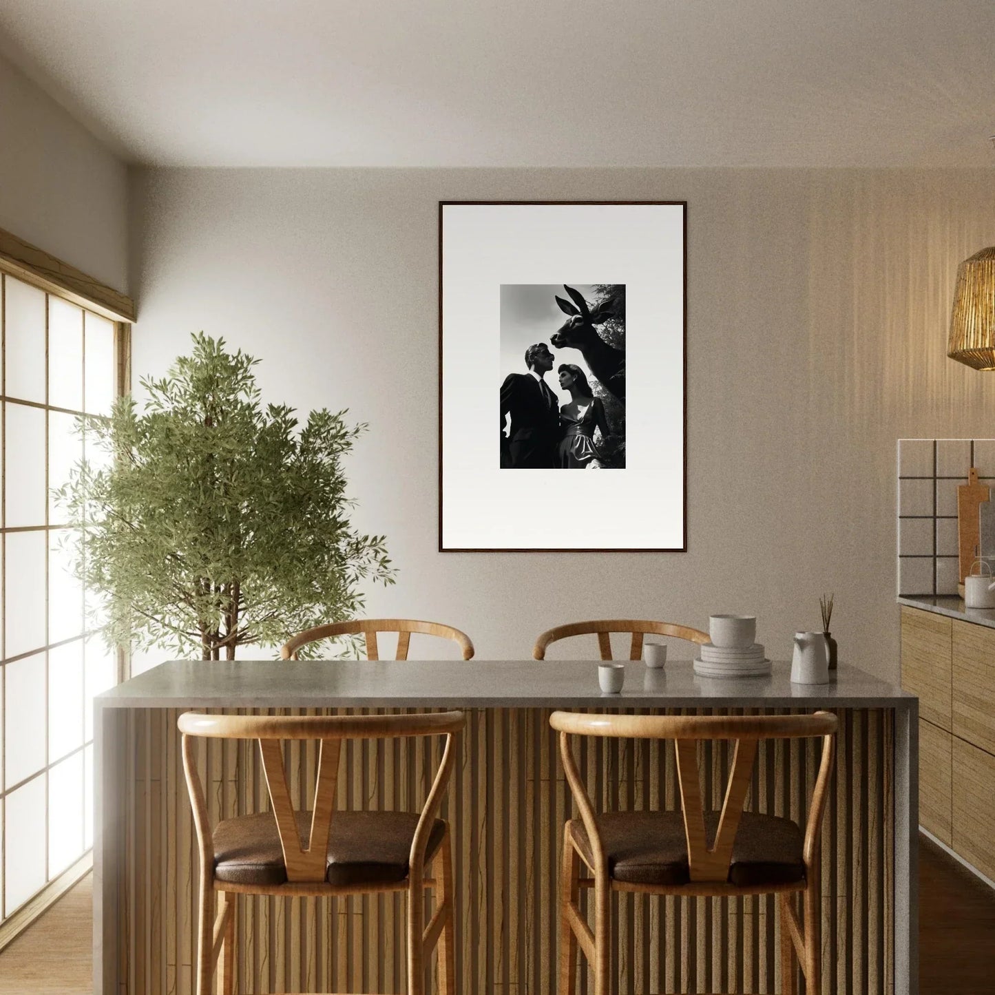 Dining area with a wooden table, chairs, and a framed black and white photograph on the wall.