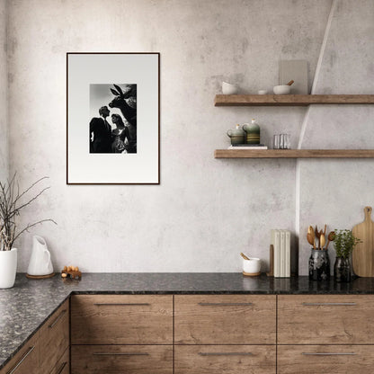 Modern kitchen with wooden cabinets, dark countertops, and open shelving.