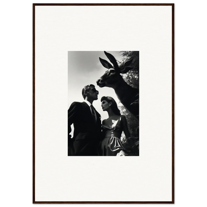 Black and white photograph of a couple with a donkey peering over their shoulders.