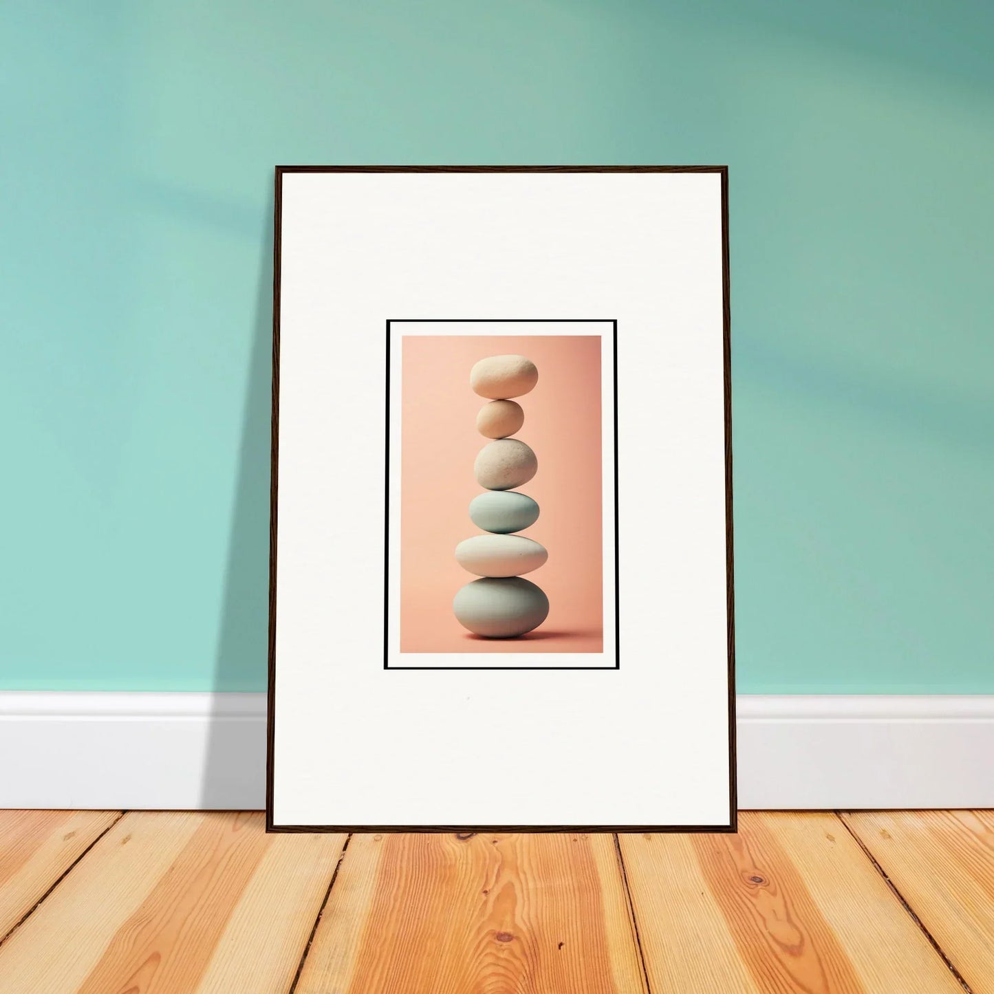 Framed canvas print of balanced stones for peaceful rock contemplation room decoration